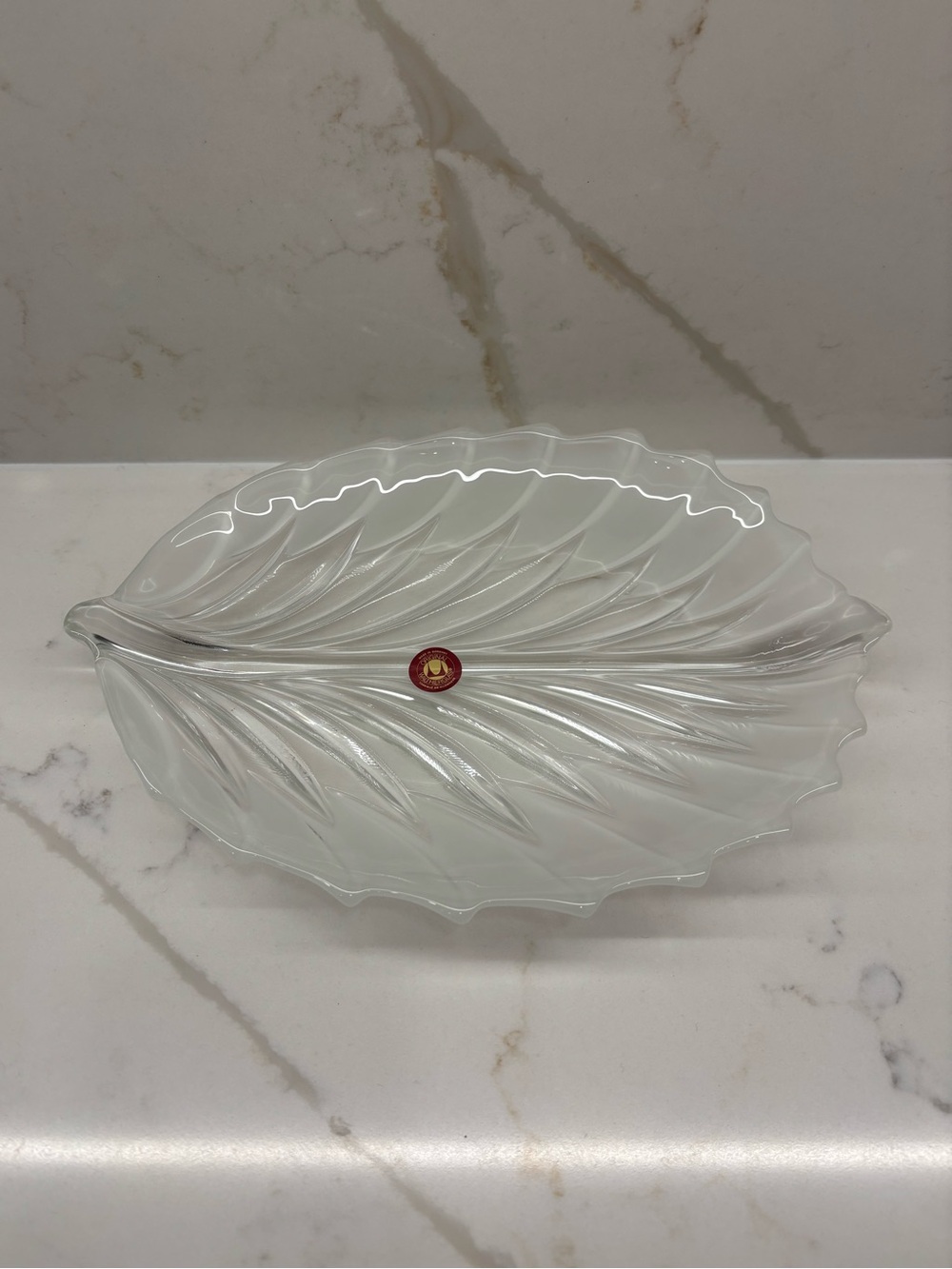 Vintage Walther Glas In Box Palm Frond Leaf Frost Edge Glass Dish Platter